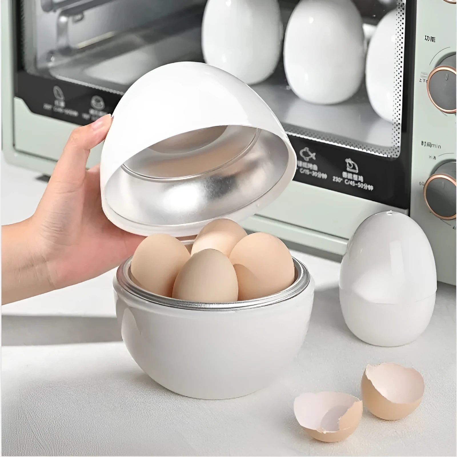 White microwave egg steamer for 4 eggs with vent hole and secure knob