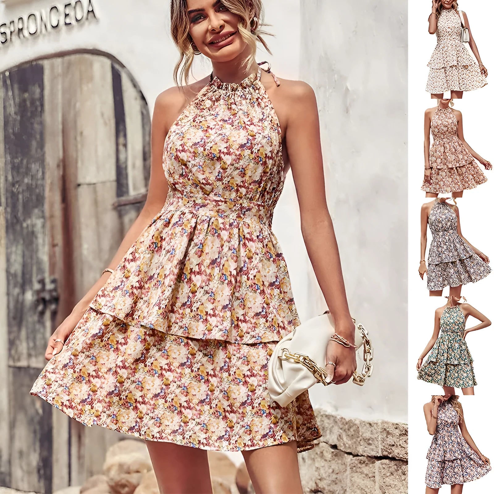 Women's boho halter beach dress with backless design and ruffled detailing in various solid colours