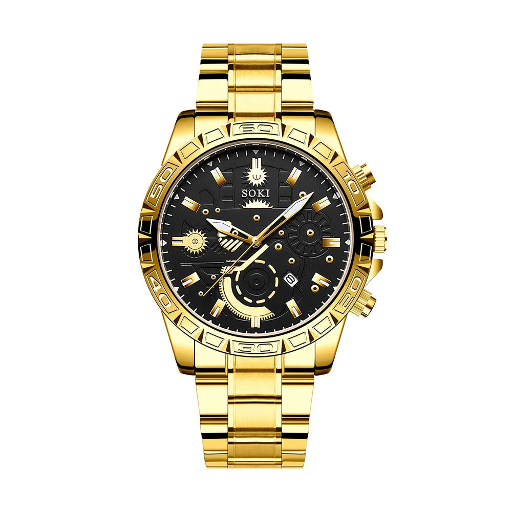 Men's gold business quartz watch with stainless steel strap and 10mm thickness