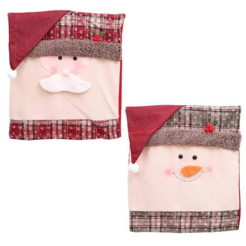 Christmas chair cover set showing Santa Claus, Snowman and Santa hat designs on standard dining chairs