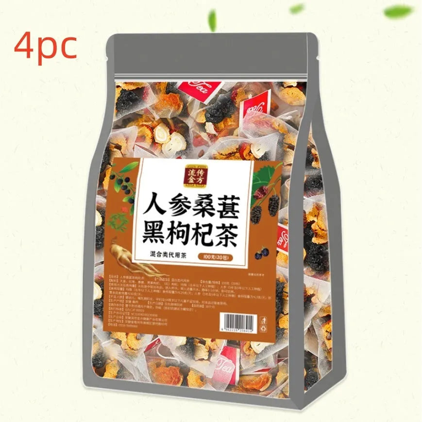 A bag of ginseng and black wolfberry tea containing 40 individual 5g sachets.