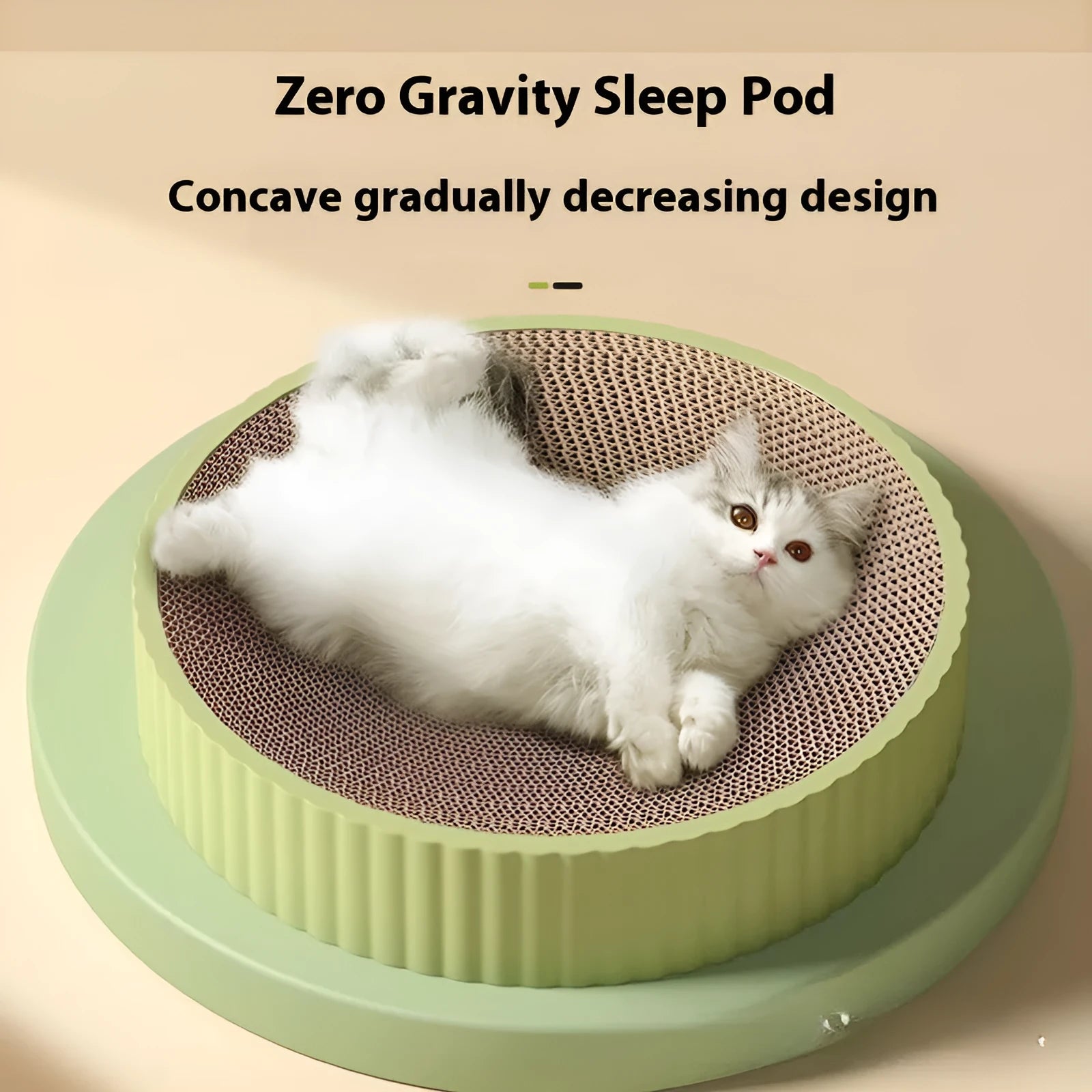 Round green and white 55cm cat scratching board with corrugated cardboard texture and replacement pads
