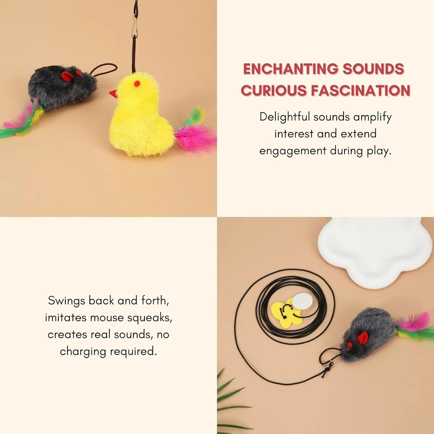 Interactive cat toy with elastic cord, dangling mouse and chicken toys, and treat dispenser bulb