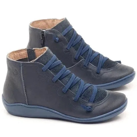 Women's casual flat booties in artificial PU leather with wedge heel and round toe