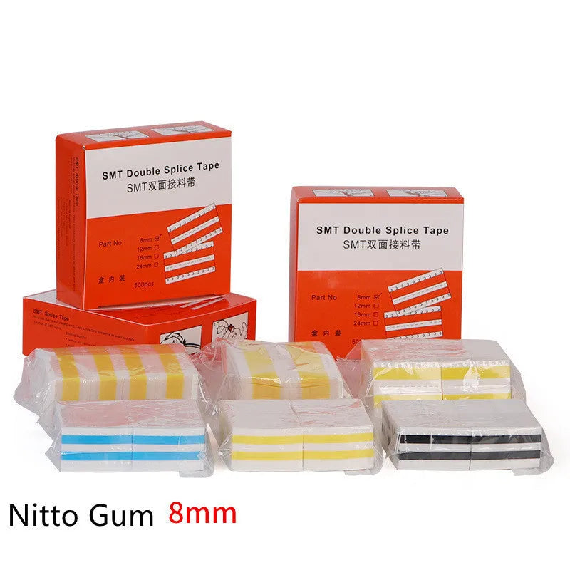 Rolls of yellow double-sided splicing tape for placement machines in various widths on a industrial background.
