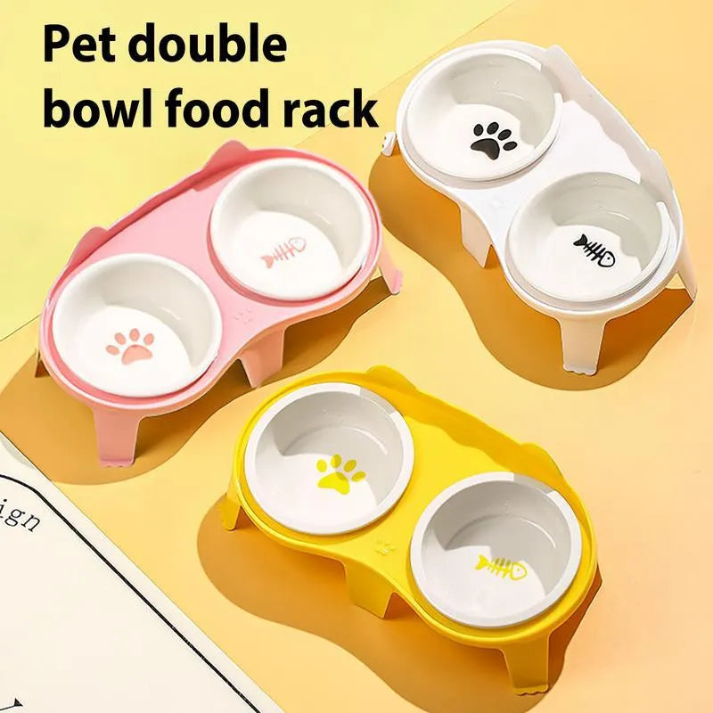 Ceramic cat food and water bowl set on tilted elevated stand in blue, pink, white or yellow colours