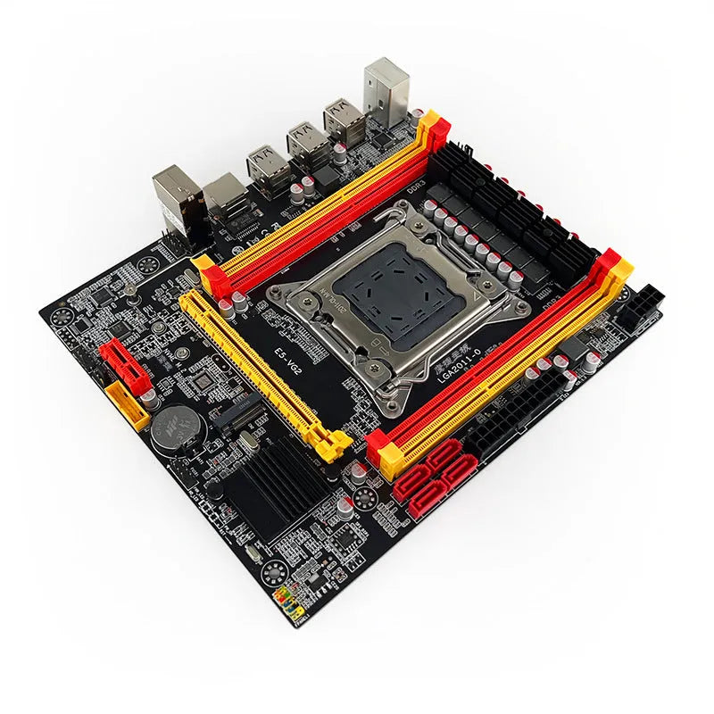 X79-VG2 desktop motherboard with LGA 2011 socket, PCIe slot, DDR3 slots, and rear I/O ports.