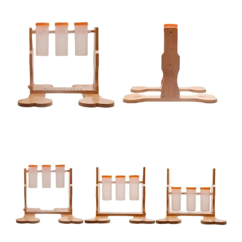 Natural wood colour dog puzzle toy measuring 31x30x20cm with treat dispensing mechanism