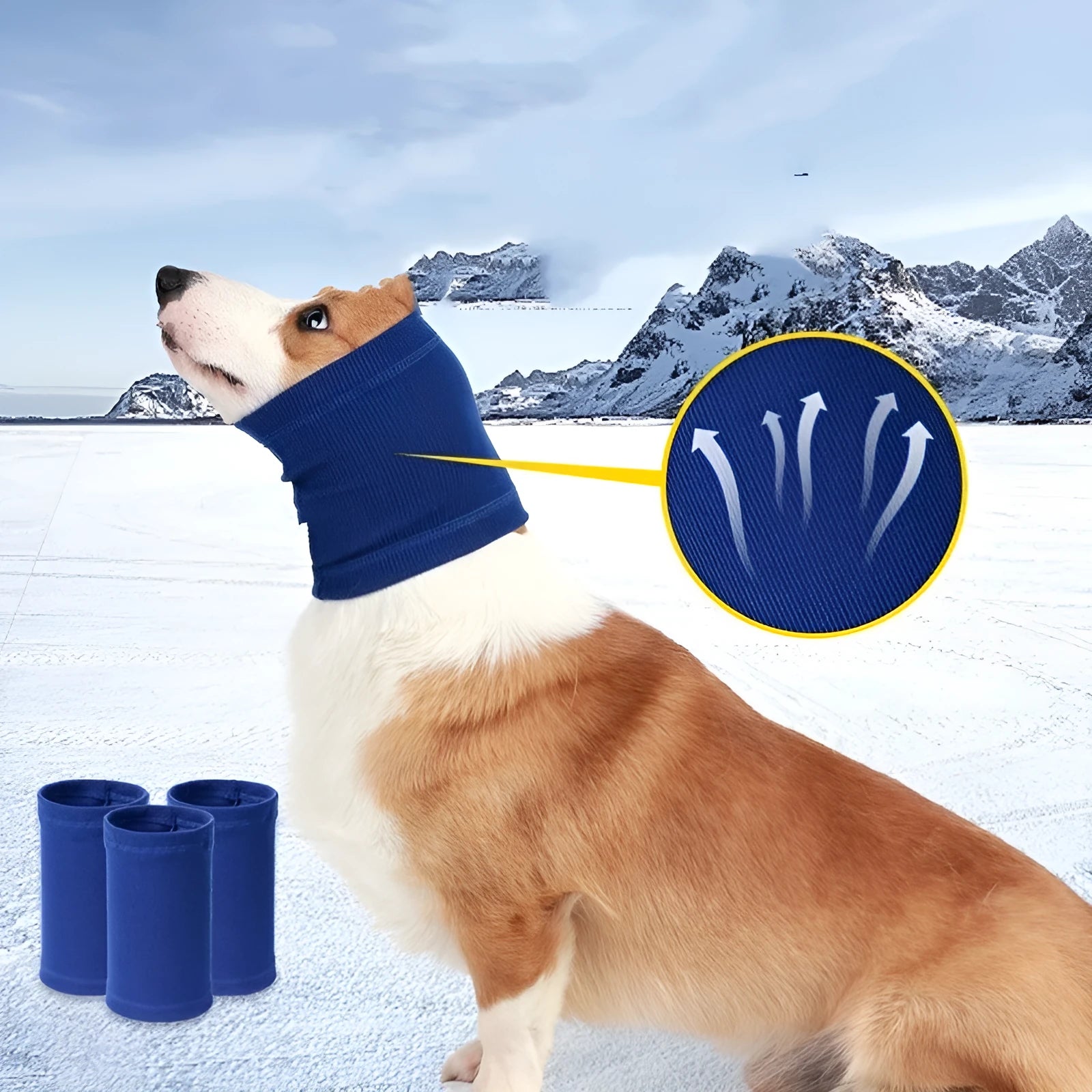 Blue and grey polyester dog comforter headband scarf shown in S, M, L sizes.