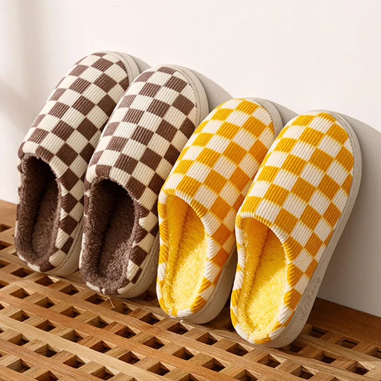 Gradient plush winter slippers for women with corduroy and arctic velvet upper, anti-skid PVC sole, round toe, flat heel, available in multiple colours