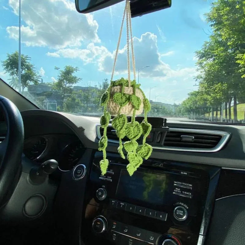 Green and white knitted wool car plant decoration hanging from a rope.