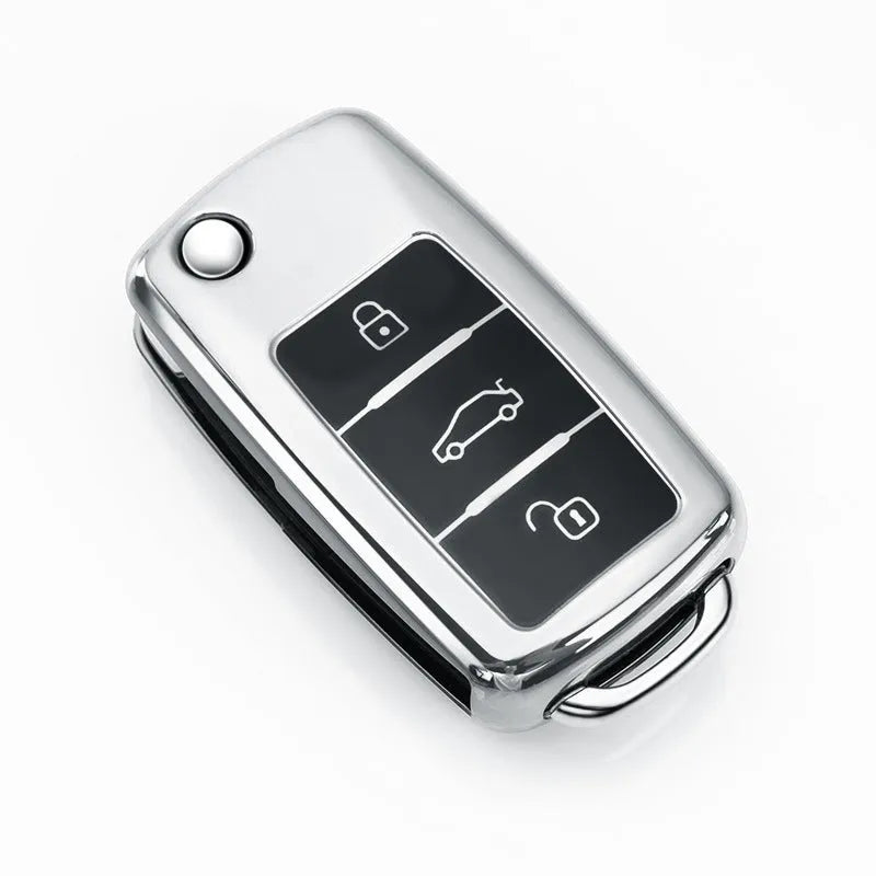 TPU protective case for a Volkswagen folding car key fob in blue, pink, red, and silver colour options.