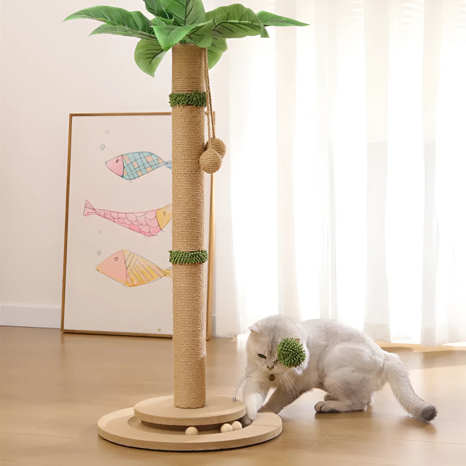 Canna coloured vertical cat climbing frame with hemp rope scratching posts