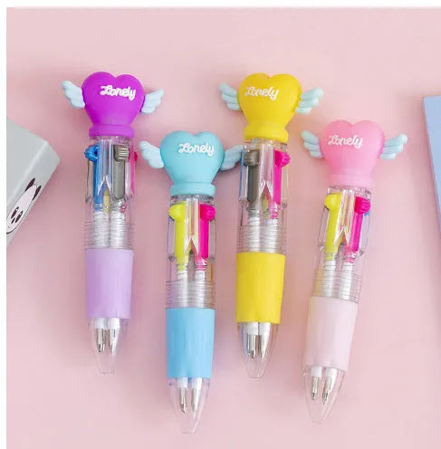 Four-colour press ballpoint pen with random cartoon design showing cactus, fast food, or fruit patterns