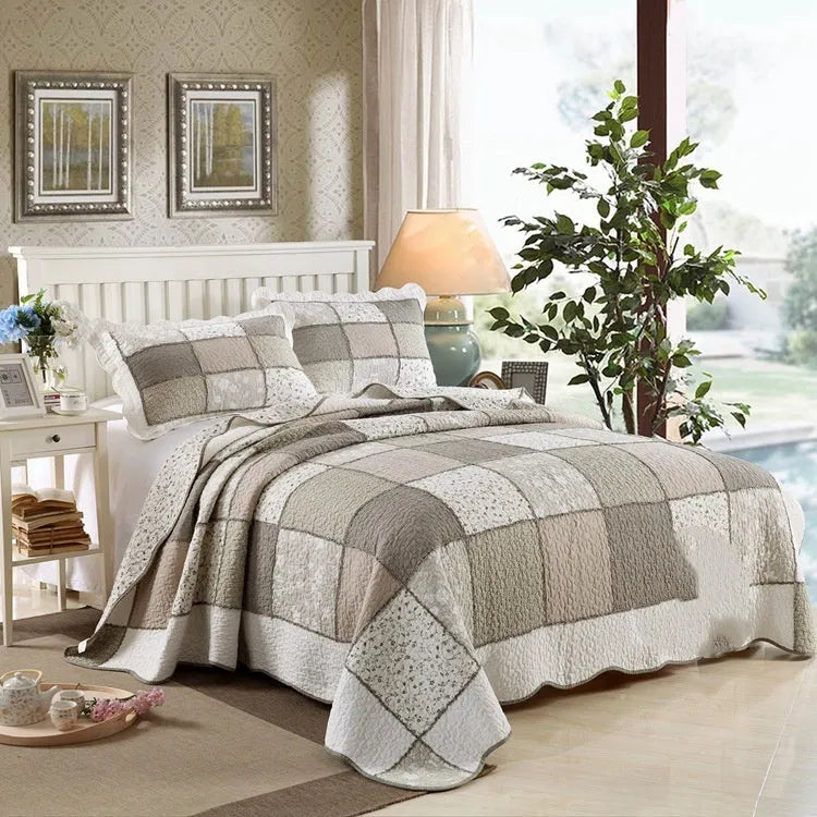 Pure cotton quilted bedspread and two pillowcases laid flat, showing textured fabric and Korean-style design.