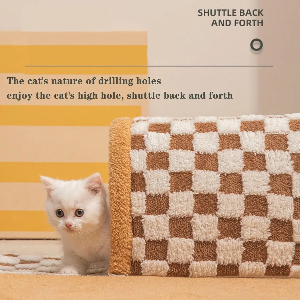 Plush plaid cat tunnel bed with central mat in brown colour, showing collapsible tunnel and non-slip bottom