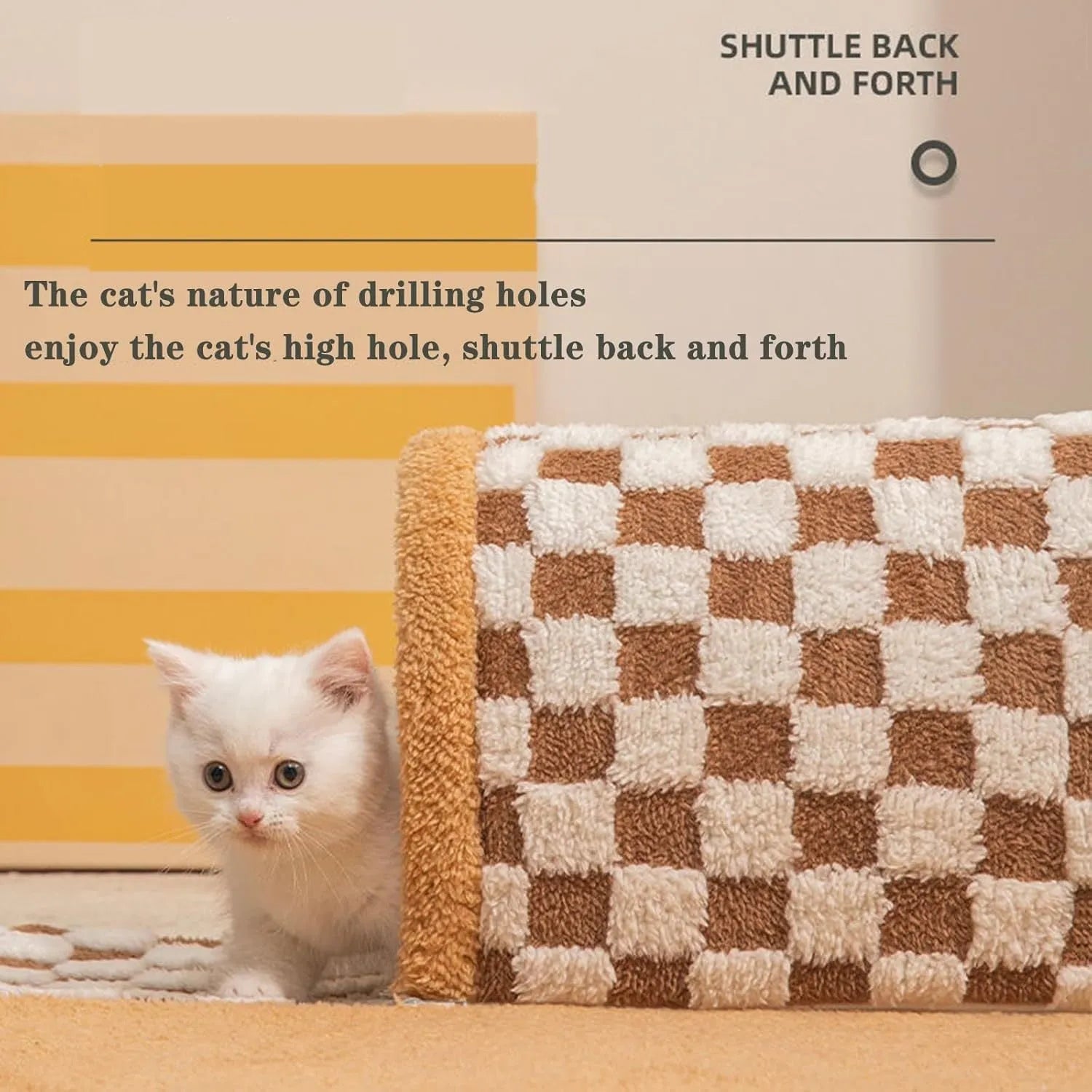 Plush plaid cat tunnel bed with central mat in brown colour, showing collapsible tunnel and non-slip bottom