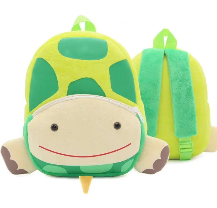 Children's plush animal backpack with zipper opening showing elephant design and dimensions 26x24x10cm