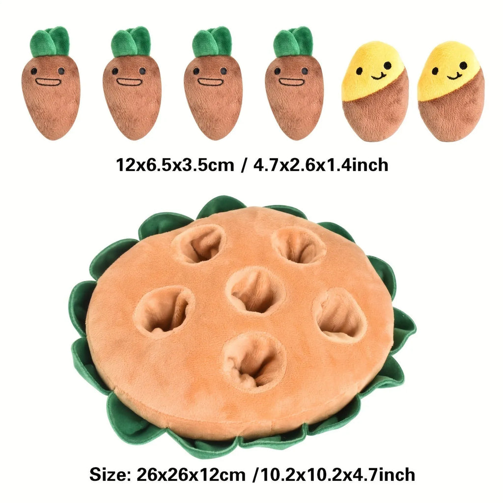 Yellow interactive dog puzzle toys set with polyester sniffing pad and three removable squeaky plush toys