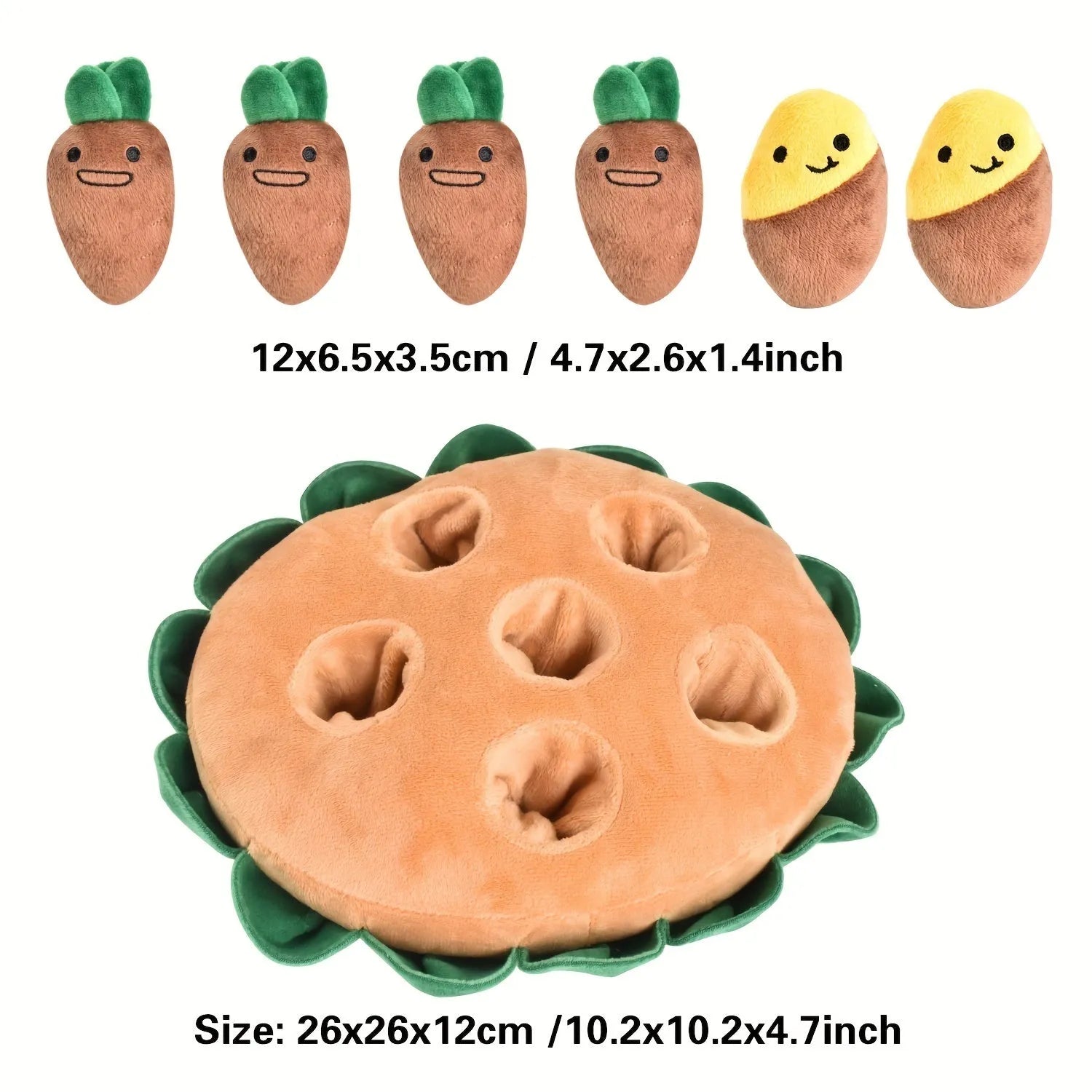 Yellow interactive dog puzzle toys set with polyester sniffing pad and three removable squeaky plush toys