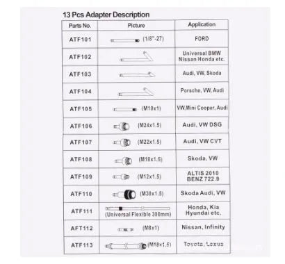 Automatic transmission oil refueling kit with 13 pieces including pump, connectors and filler tools