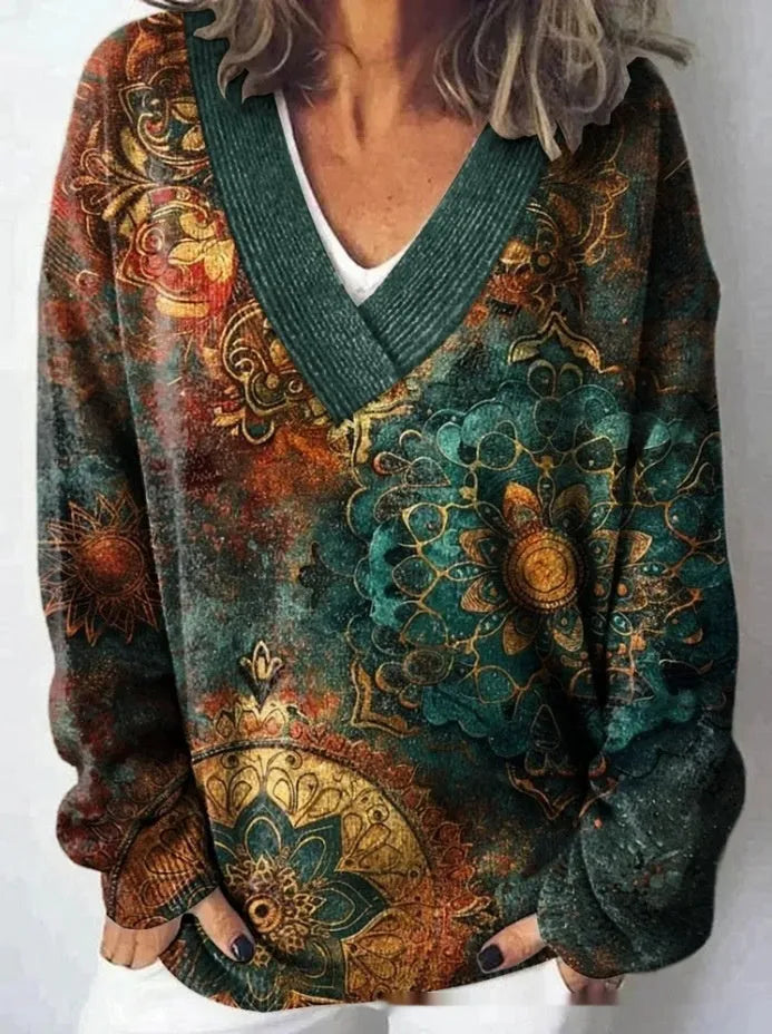 Women's grey 3D floral print sweatshirt with V-neck and long sleeves on a hanger