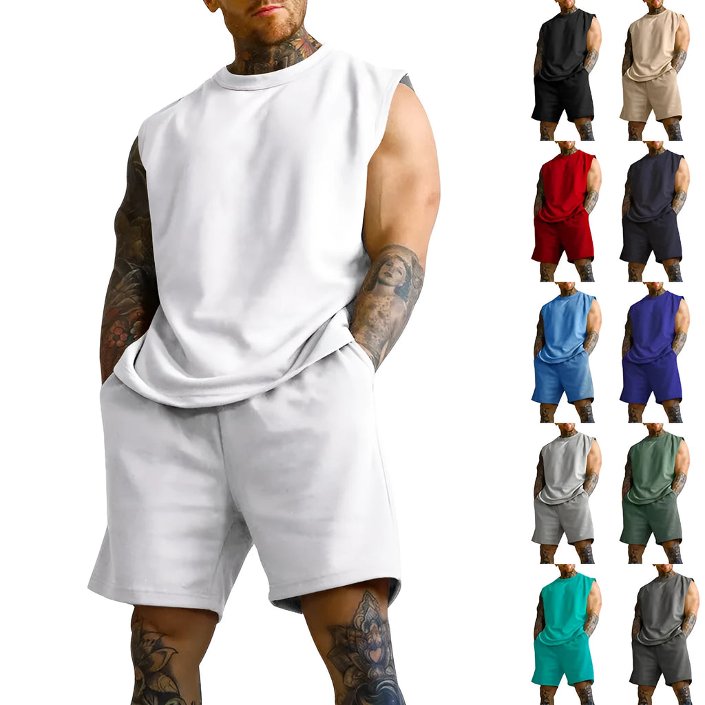 Men's sleeveless cotton blend sports top and matching shorts in a solid colour on a hanger.