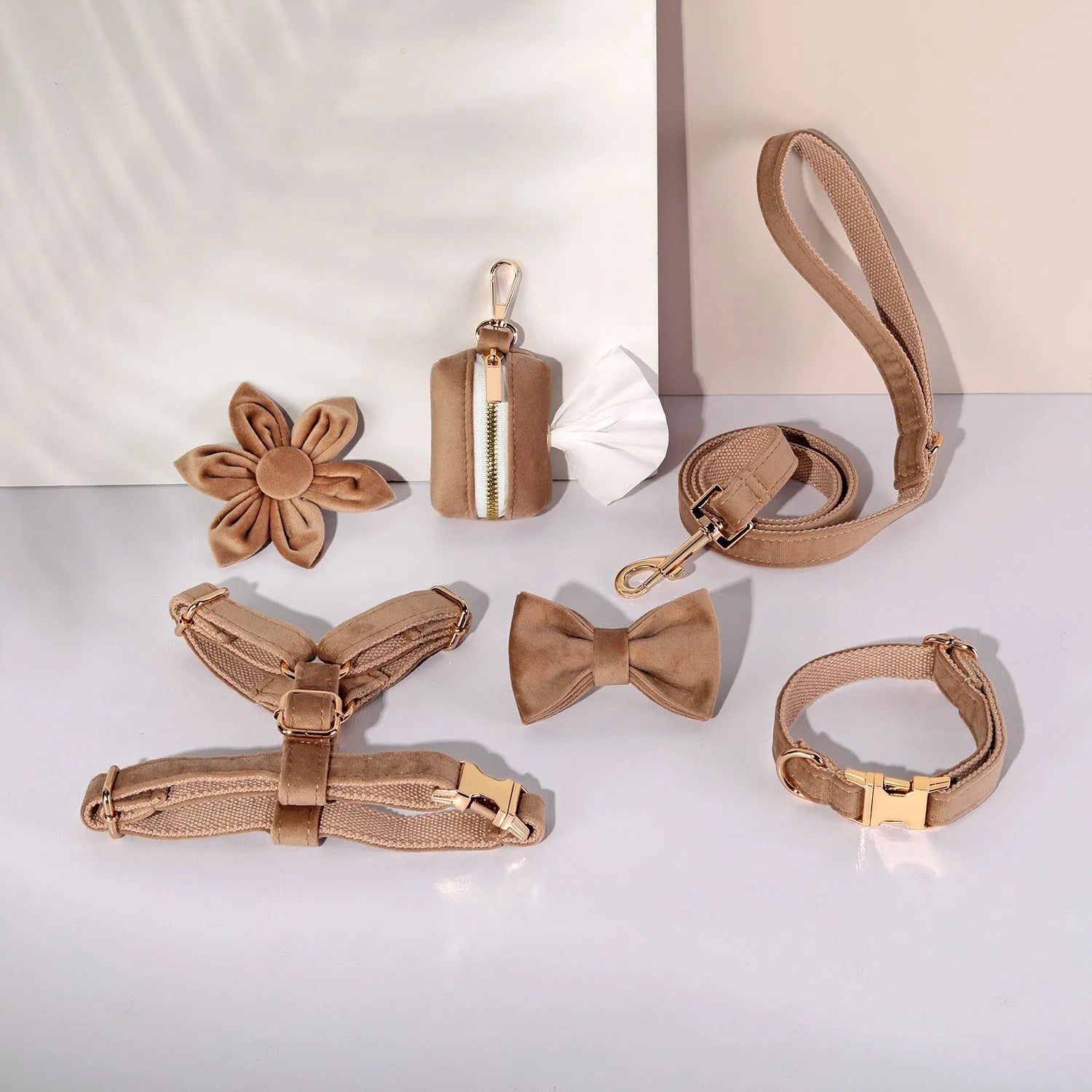 Classic velvet pet collar and traction rope harness set with decorative bow tie and flower for dogs and cats