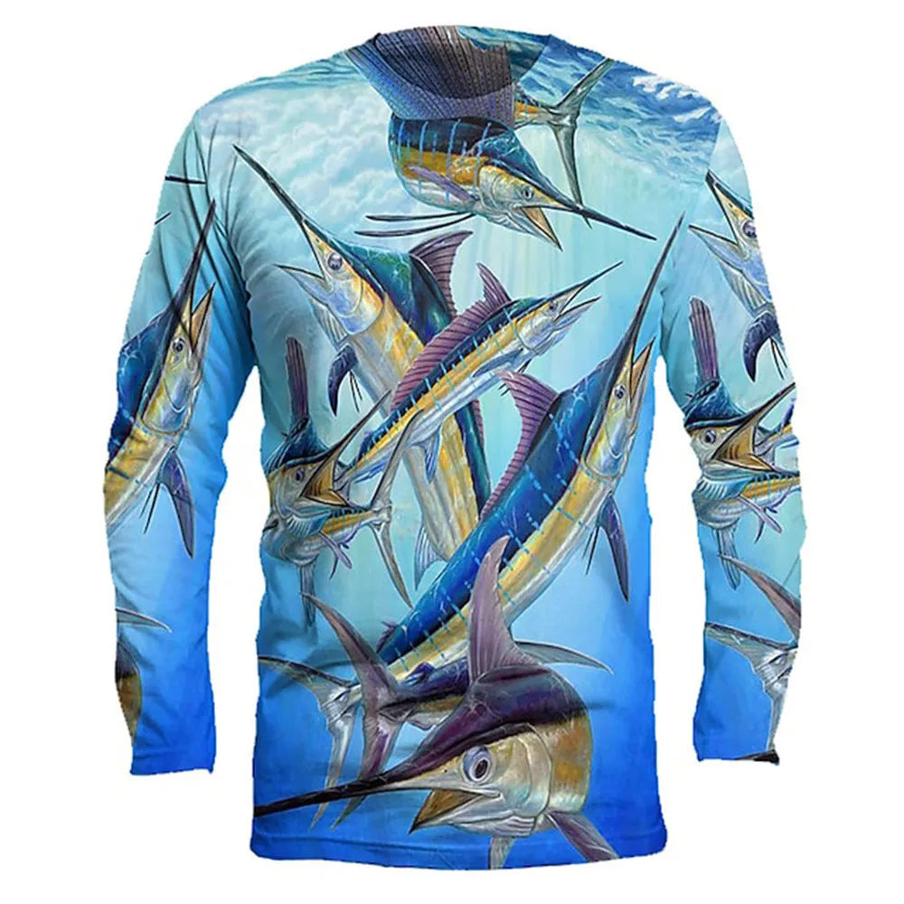 Men's fish print pullover top in milk silk fabric with long sleeves and round neck design