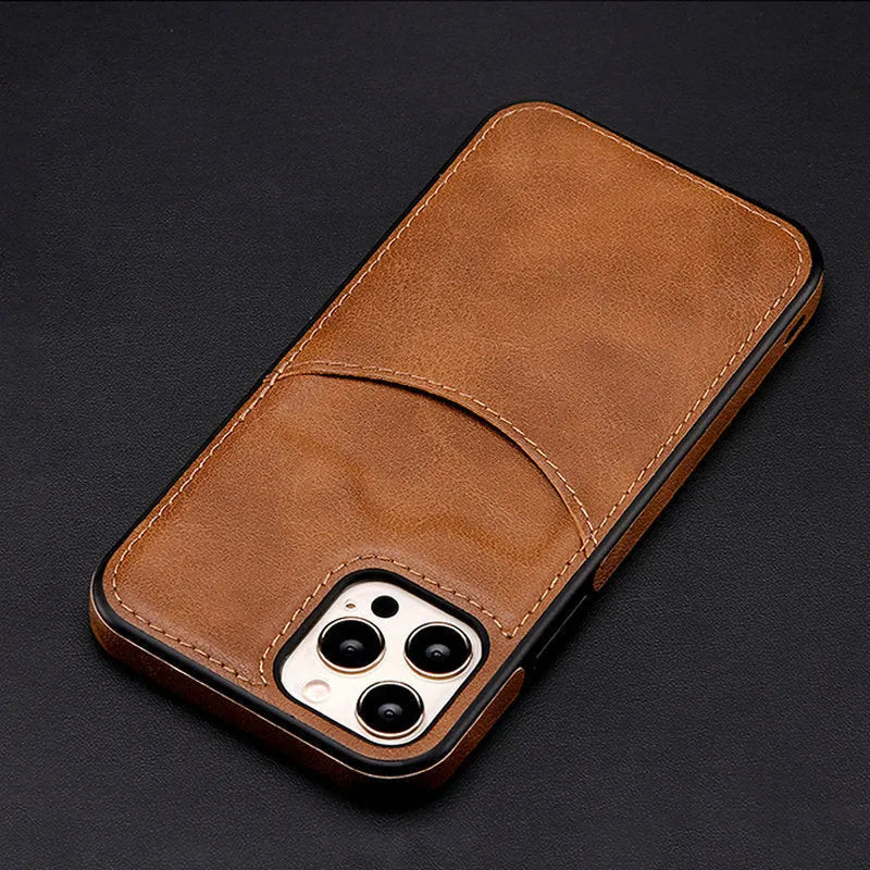 Dark blue PU leather protective case for iPhone shown on a smartphone.