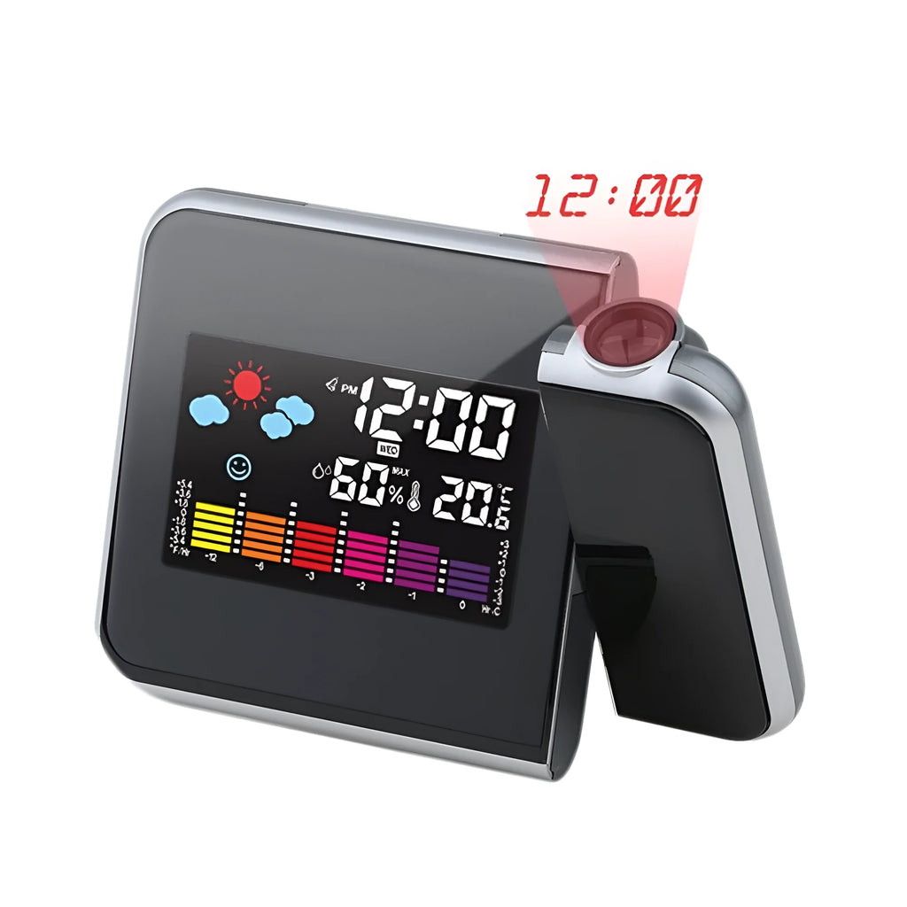 Black digital projection alarm clock with multicolour LED display measuring 15x11x2.5cm