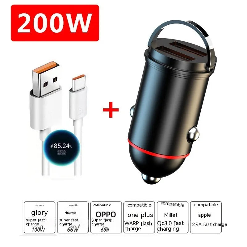 Black 200W zinc alloy car charger with USB port measuring 38mm