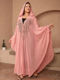 Purple Muslim style chiffon cape with rhinestone bead detailing, shown draped at 135-175cm length