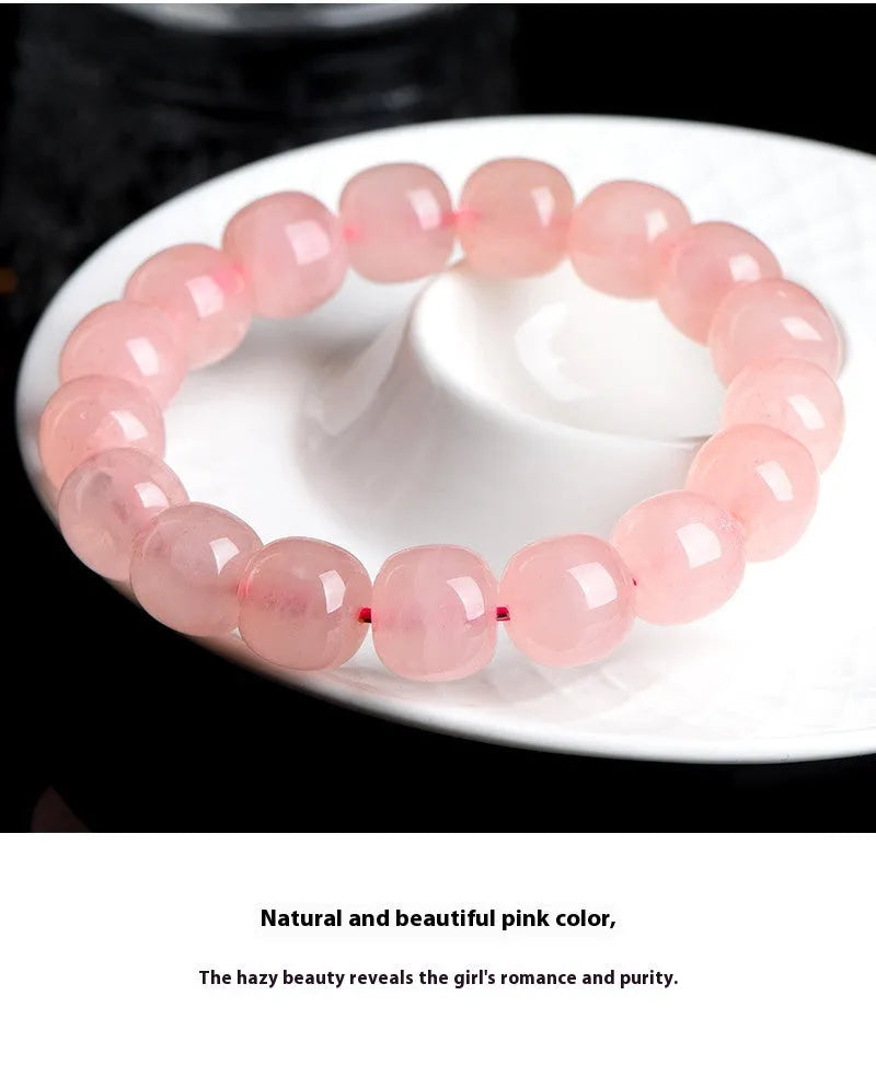 Natural pink crystal barrel bead bracelet with 8x10mm geometric polished beads