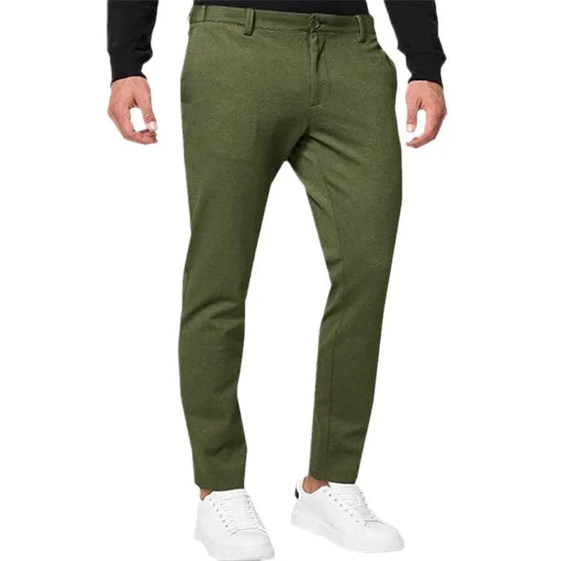 Men's tapered slim-fit chino trousers in army green with stretch fabric and mid-waist design