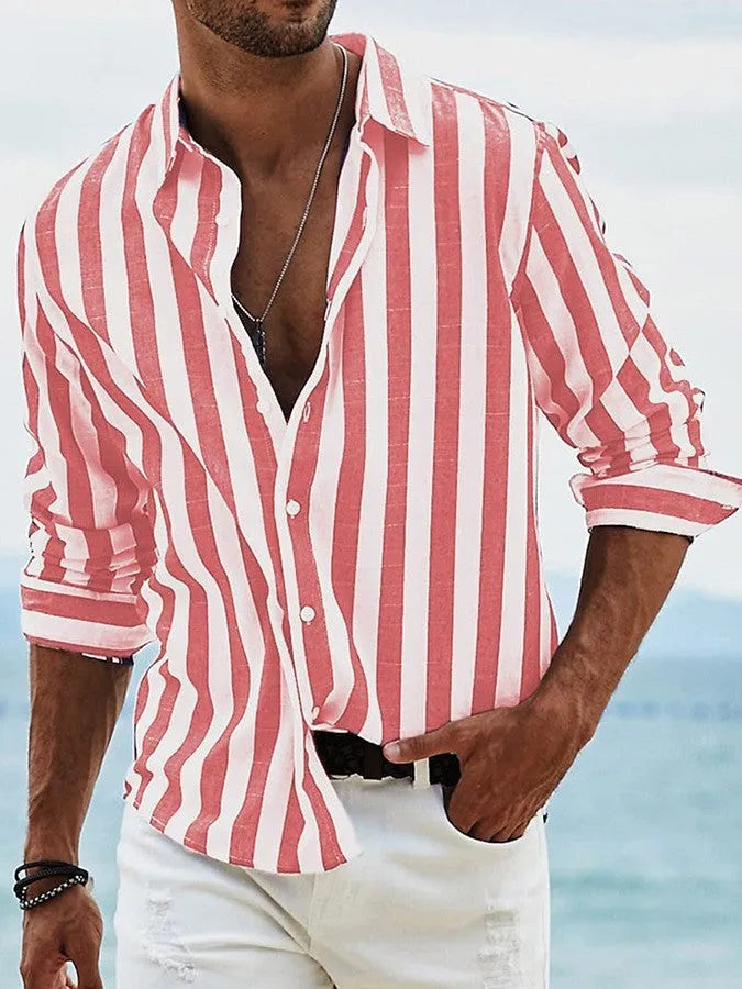 Men's loose fit striped long-sleeved cardigan shirt in light grey polyester fabric