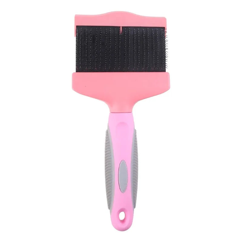 Blue double-sided pet brush with ergonomic handle shown next to pink version, displaying soft and firm stainless steel pin sides.