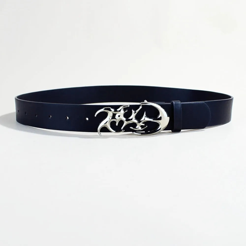 Men's casual silver buckle belt with PU leather strap shown fastened
