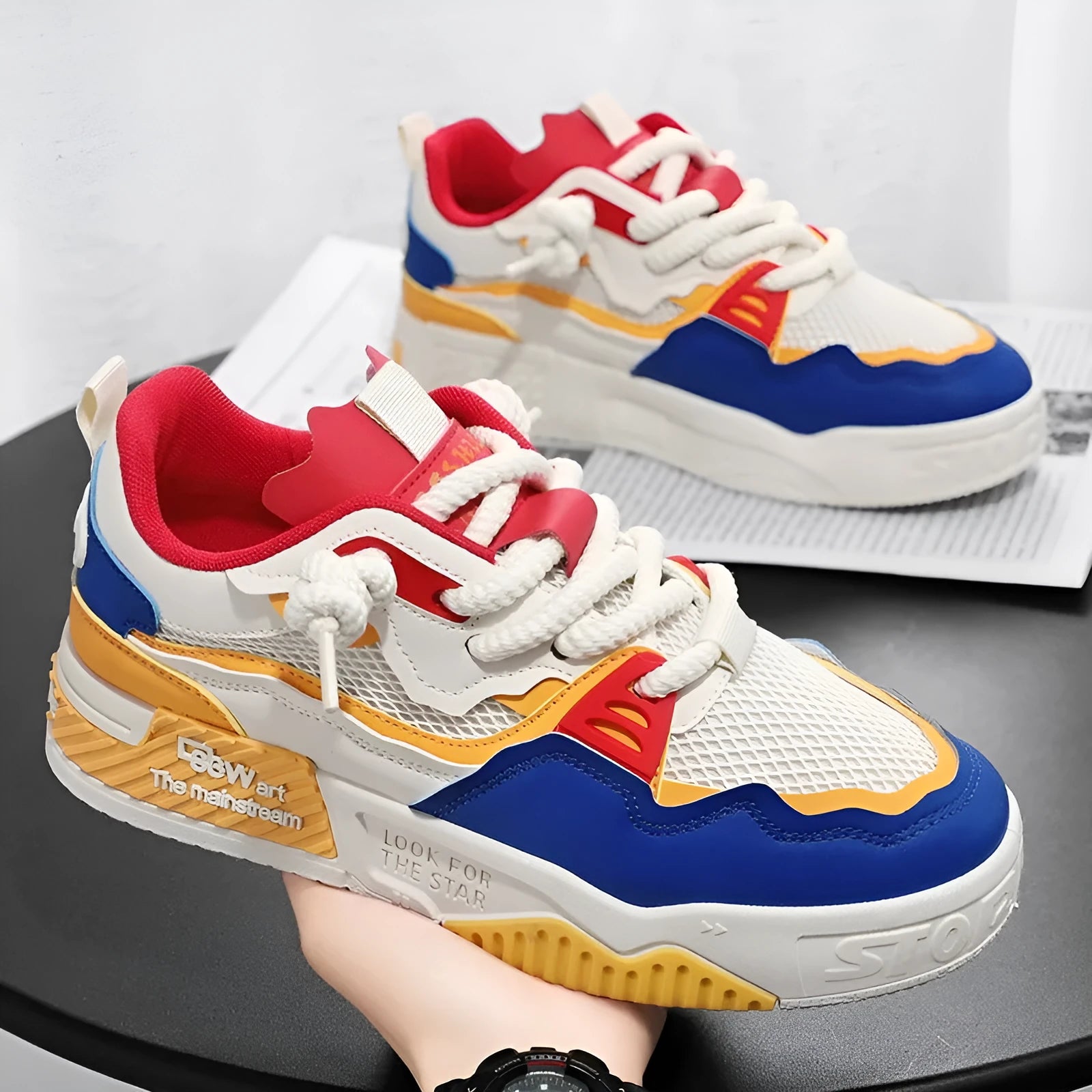 Men's low-top white board shoes with soft rubber sole and mesh lining on a plain background.