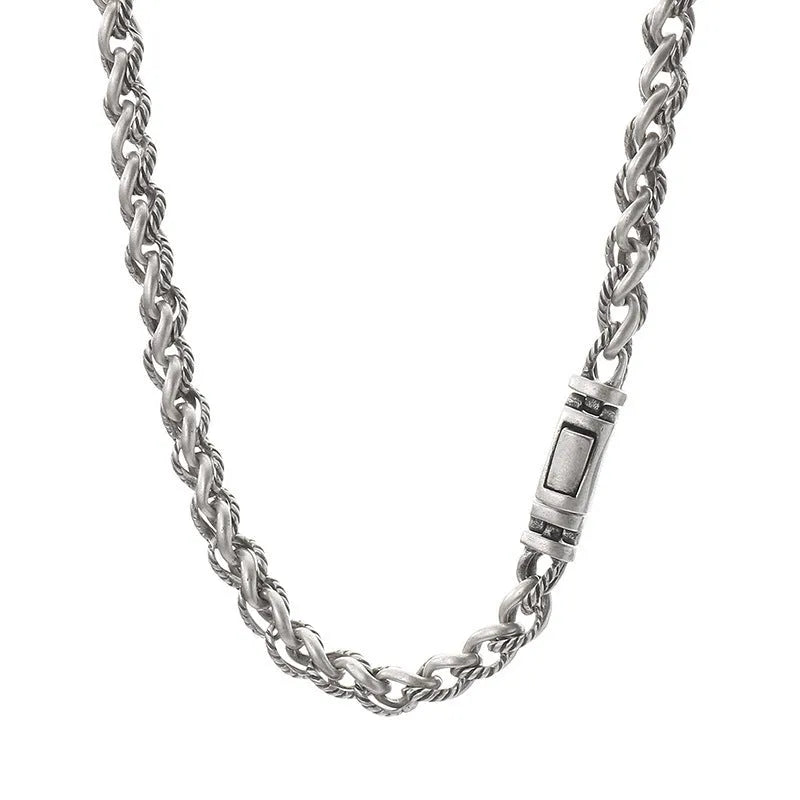 Men's titanium steel chain necklace with hemp flower links and antique silver finish
