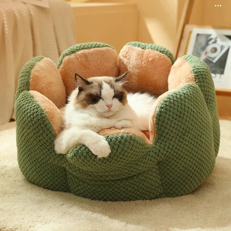 Green enclosed pet bed with cactus petal shaped opening and soft plush fabric