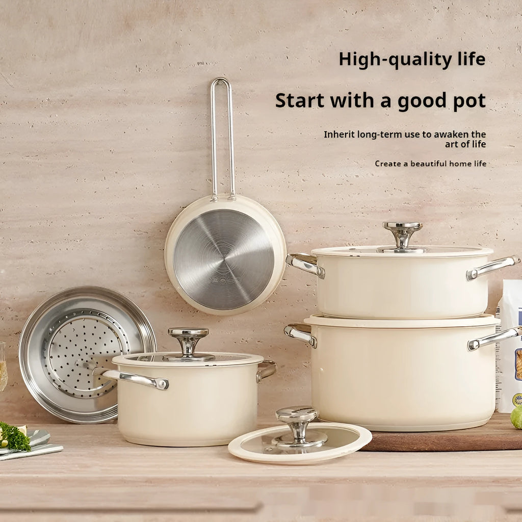 Beige 304 stainless steel double bottom soup pot set with composite glass lids