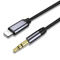 Silver nylon-braided audio cable with 3.5mm connectors on a dark background.