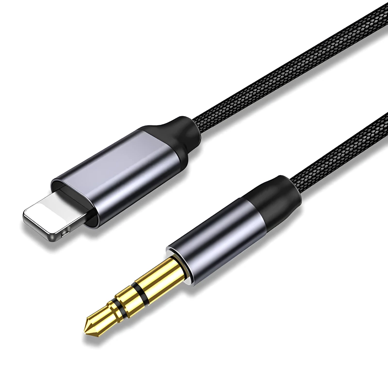 Silver nylon-braided audio cable with 3.5mm connectors on a dark background.