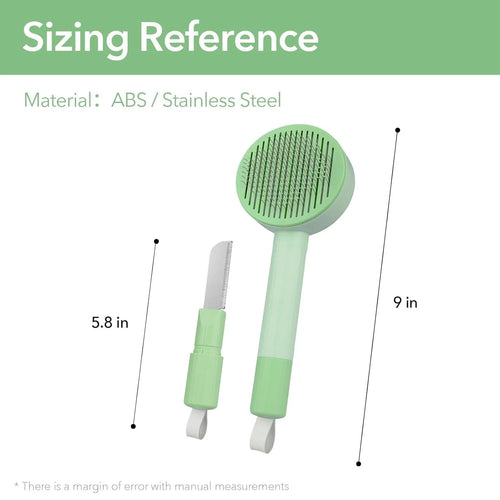Green and yellow 2-in-1 pet grooming brush with stainless steel teeth and hanging loop.