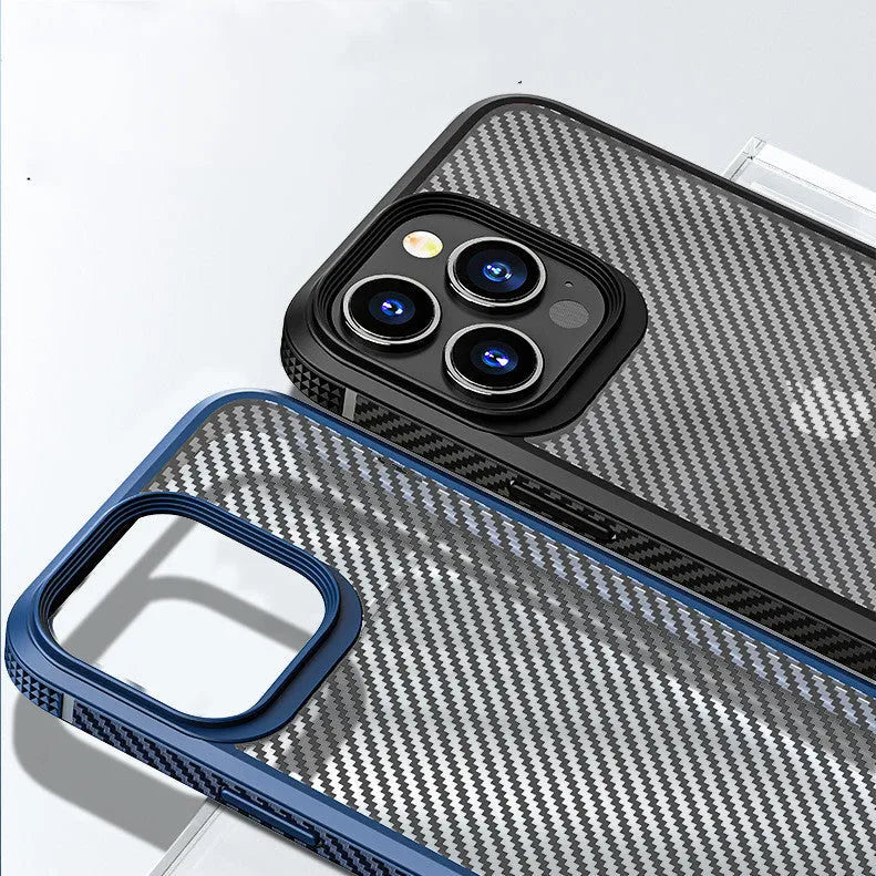 Black carbon fibre pattern anti-fall protective case for Apple iPhone 13 Pro mobile phone.
