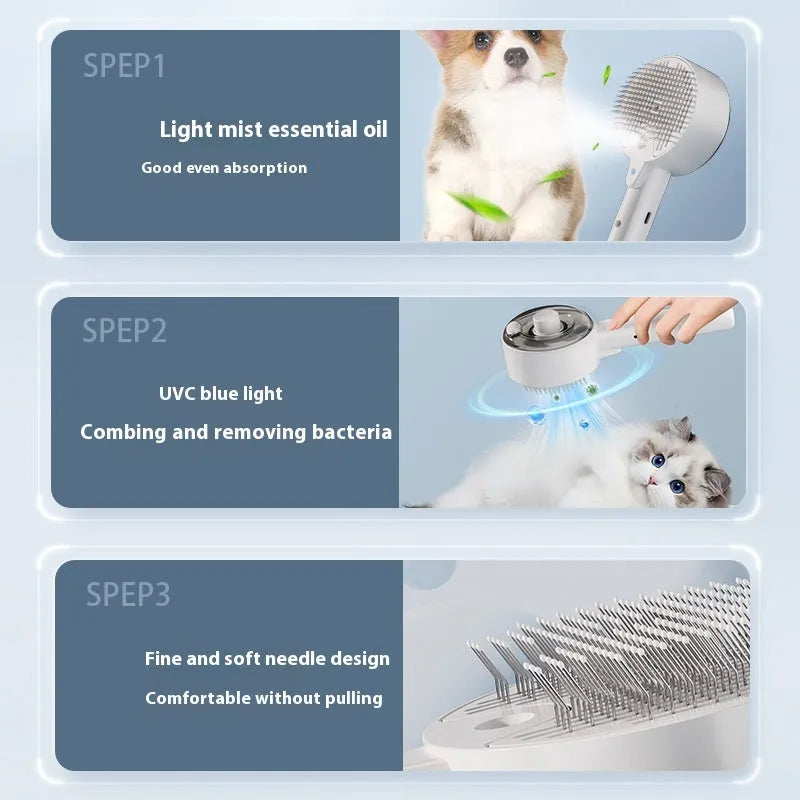Ceramic white pet grooming brush with spray mist function and blue UV light for dogs and cats