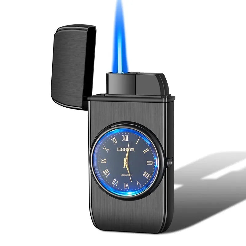 Electronic watch cigarette lighter with LED flashing lamp in metal body showing multiple colour finish options
