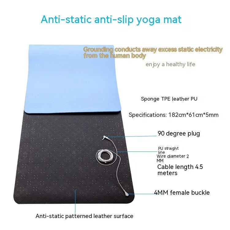 Blue conductive yoga mat with grounding wire, plant and flower pattern, 182x61cm dimensions