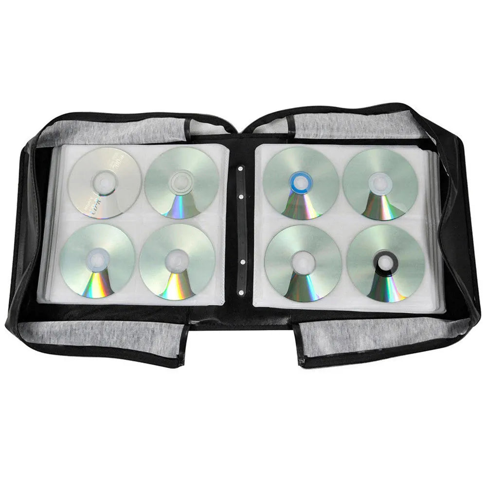 Black Oxford cloth CD DVD storage wallet organiser with carrying strap and zipper closure